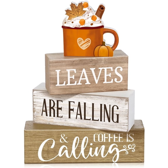 4 Pcs Fall Decor Coffee Table Decorations for Home Thanksgiving Tiered Tray Decor Rustic Wooden Hot Cocoa Cup Pumpkin Latte Block Sign for Autumn Harvest Party Coffee Bar Kitchen