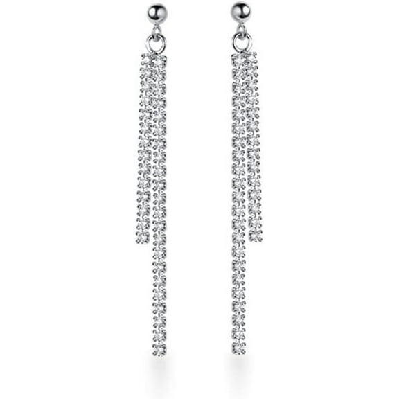 Sterling Silver Crystal Rhinestone Linear Drop Earrings for Women Teens CZ Long Dangle Earrings Tassel Chain Studs