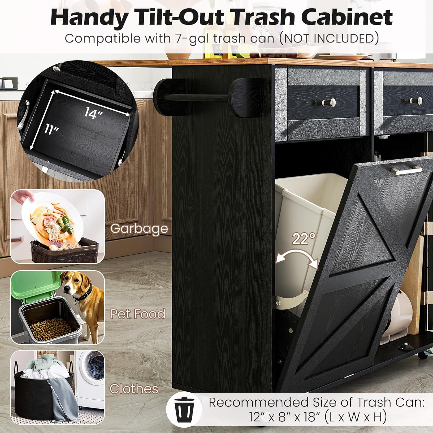 SILKYDRY Rolling Kitchen Island with Trash Can Storage Cabinet, Drop Leaf Breakfast Bar Table, Towel Holder, 2 Drawers & Door Racks, 4 Rubber Wheels, Wood Island Table for Kitchen (Black)