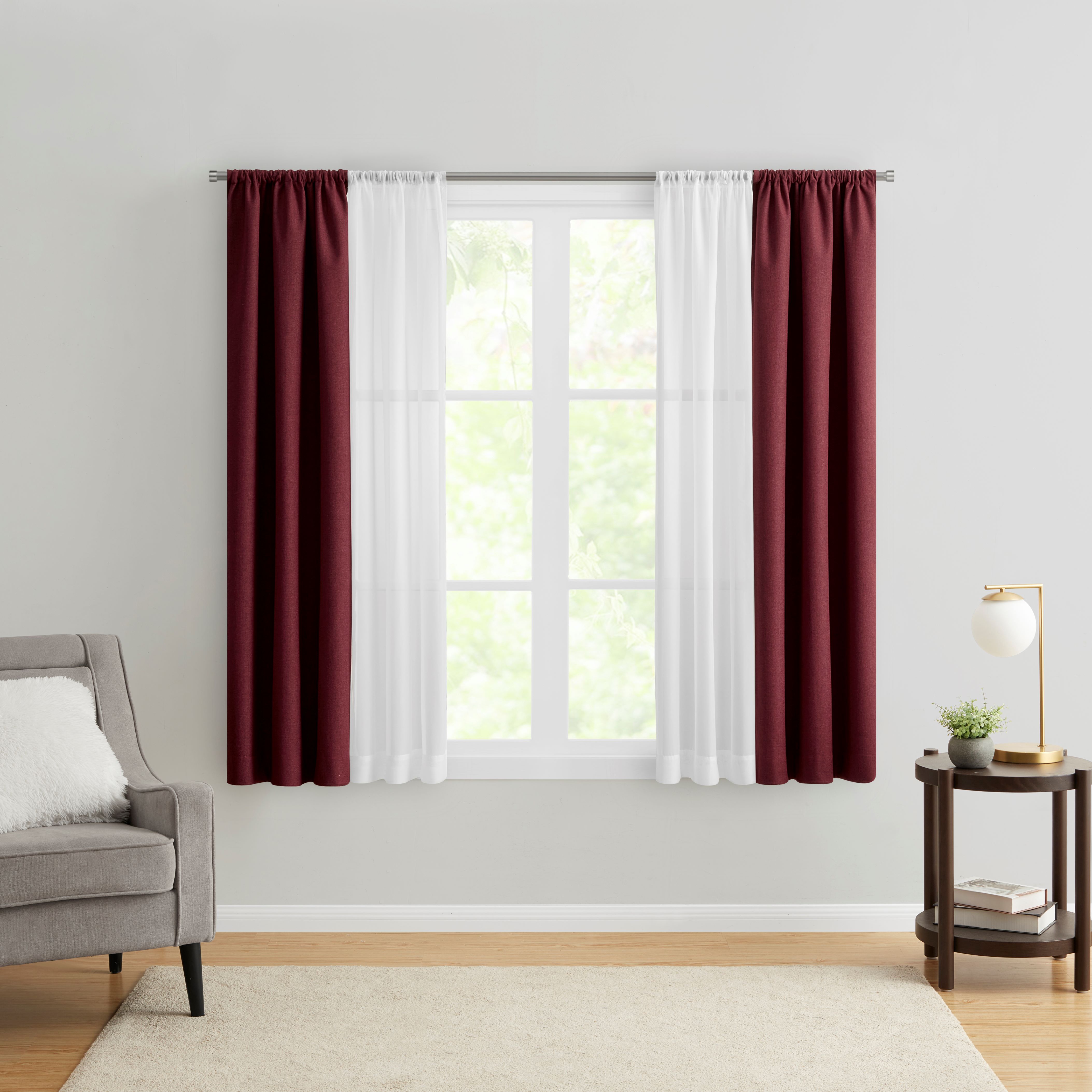 (3 pack) Mainstays Twill Blackout Rod Pocket 4 Piece Curtain Set, Luscious Merlot, 27.5" W x 63" L