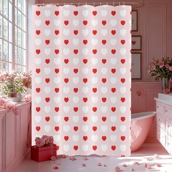 Twfbrm Valentine's Day Shower Curtain, 35"x71" Romantic Love Heart Pattern Fabric Shower Curtain with Grommets and Hooks, Waterproof Quick-Drying Decorative Bath Curtain Machine Washable for Bathroom