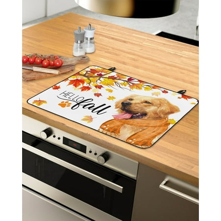 

Hello Fall Thanksgiving Stove Top Covers for Electric Stove Heat Insulation Fireproof Glass Cooktop Cover Counter Top Glass Stove Cover 24 x21 Autumn Red Orange Maple Leaf Dog