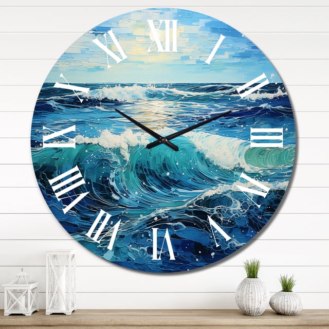 Designart "Teal Blue Ocean Coastal Charm Pointillism" Nautical & Beach Oversized Wall Clock