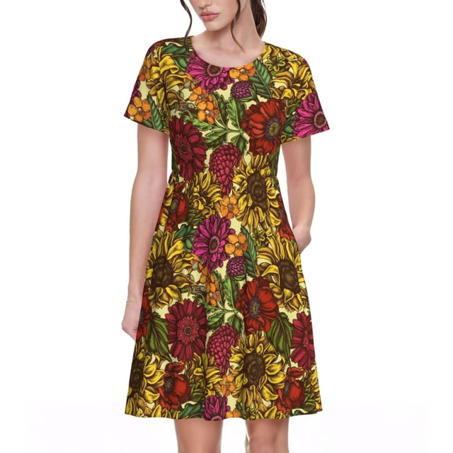 Bixox Robe d'Été à Manches Courtes pour Femmes Robe Ample Longueur Genou avec Poches-Tournesol