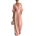 thumbnail image 2 of Women's Light Blue V-Neck Wide-Leg Jumpsuit, Batwing Sleeve Ruched Waist Maxi Jumpsuit Pink 2XL, 2 of 3