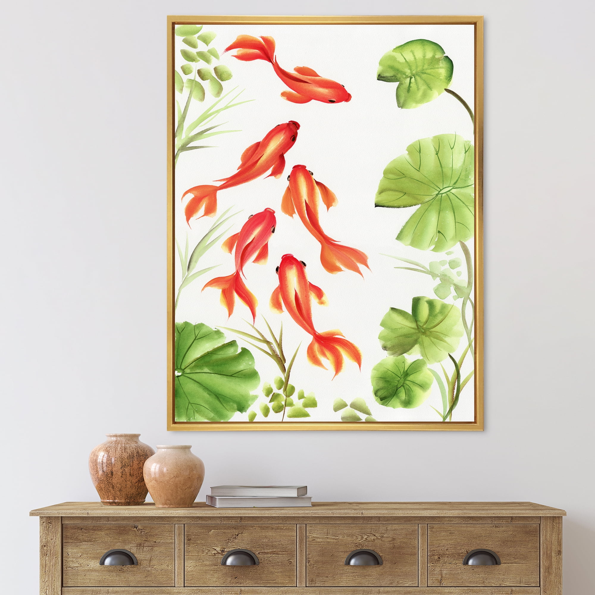 Designart 'Ancient Goldfishes Among The Lotus Leaves' Nautical & Coastal Framed Canvas Wall Art Print