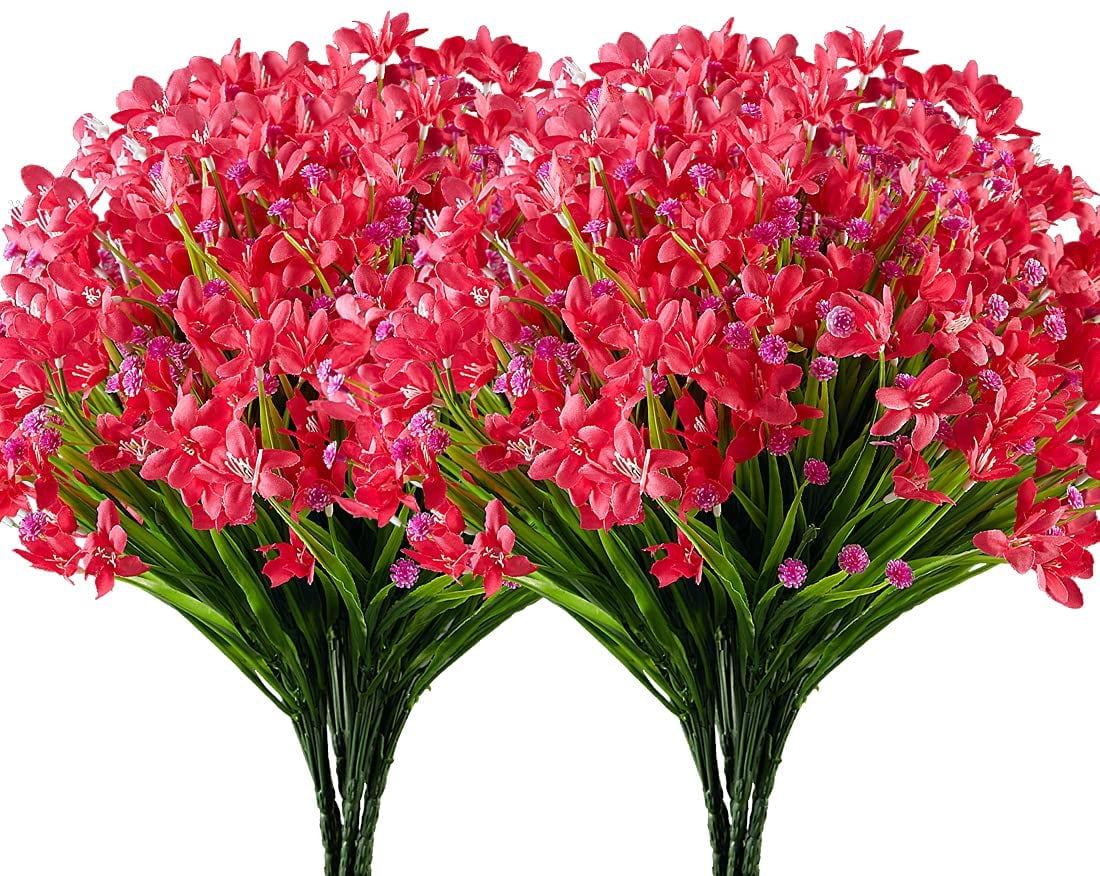 Sinhoon 10 Bundles Artificial Daffodils Flowers Faux Plastic Lotus Shrubs UV Resistant No Fade Faux Greenery For Bridal Bouquet Home Garden Hanging Planter Porch Patio Office Wedding Decoration(Red)