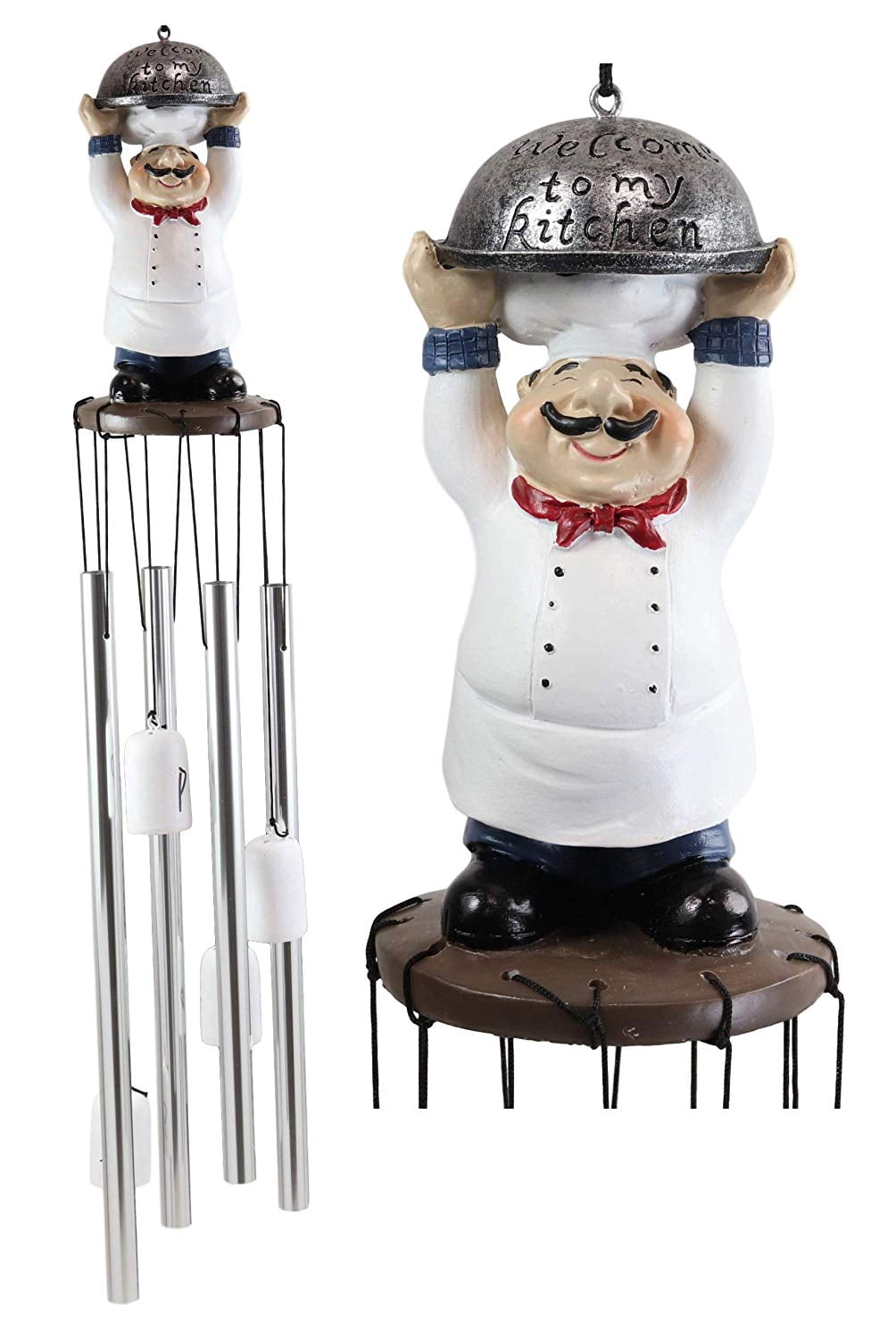 Welcome Chef Cordon Bleu Lifting Cloche Dome Figurine Crown Garden Wind Chime