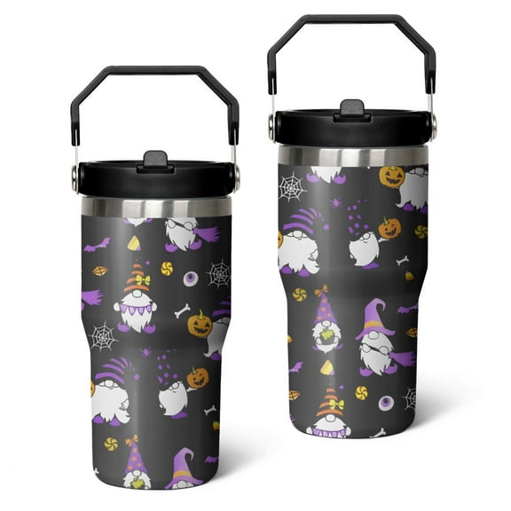 Halloween Aesthetic Tumbler 30oz - Cute Ghost Pumpkin Illustration Retro Style - Insulated Stainless Steel Travel Cup, Leak Proof Flip Straw