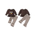 thumbnail image 2 of RUINIXCW Toddler Baby Girl Thanksgiving Halloween Outfit Infant Baby Girls Fall Clothes Turkey Ghost Embroidery Long Sleeve Ruffled Shirt Tops and Striped Bell Bottoms 2 Pcs Set, 2 of 9