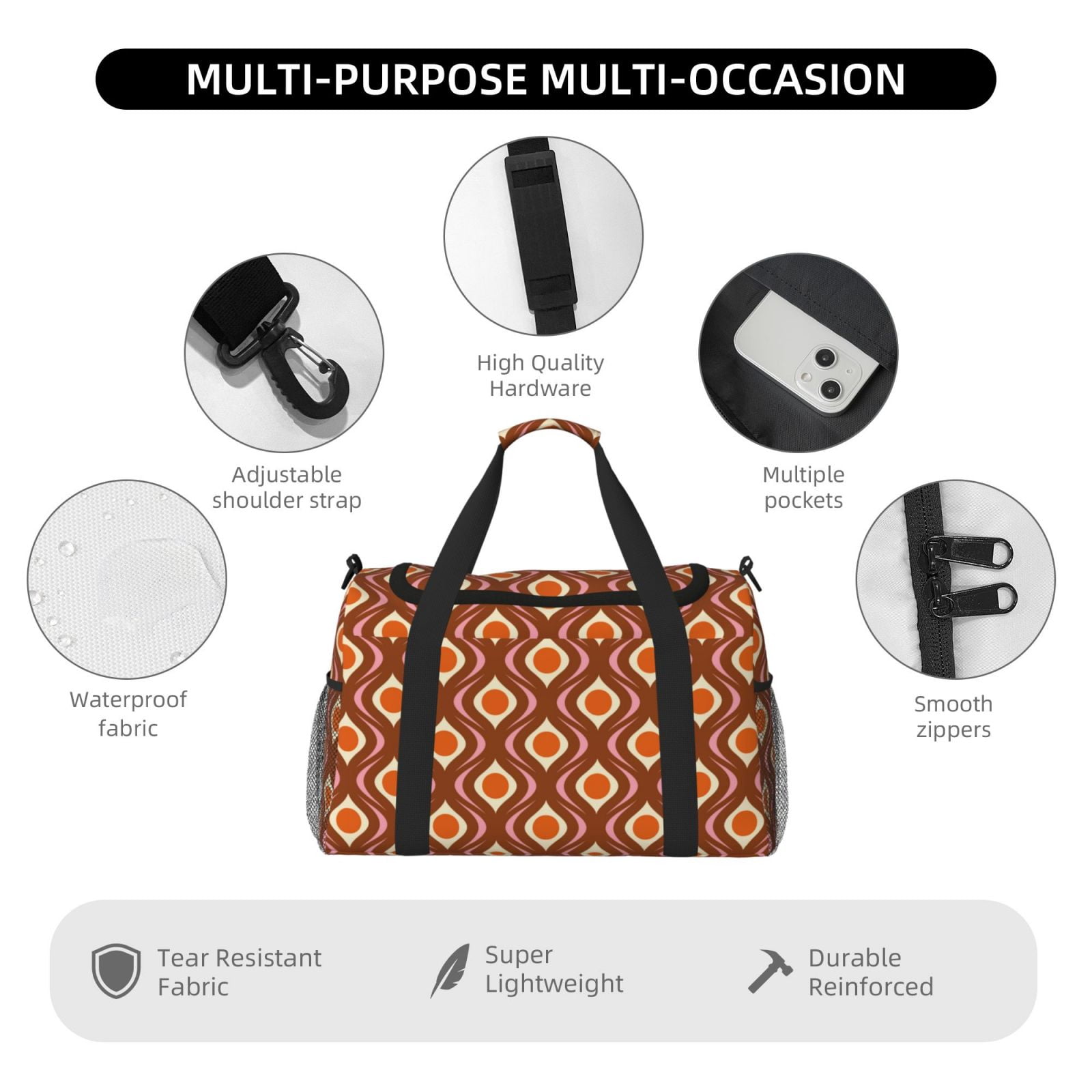 Fuzoiu 70's Retro Print Travel Duffle Bag,Carry On Tote Bags,Duffel Bag,Sport Gym Bag, Hospital Bag for Labor and Delivery, Overnight Bag,Luggage Bag