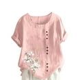 thumbnail image 2 of Bzhegqhd Women Casual and Linen Round-Neck Top Printed Short Sleeve Button T-shirt Blouse, 2 of 4