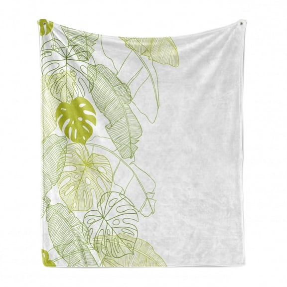 Leaf Print Soft Flannel Fleece Throw Blanket, Monochrome Monstera and Fern Foliage Arrangement of Nature, Cozy Plush for Indoor and Outdoor Use, 50" x 70", Yellow Green Olive Green, by Ambesonne