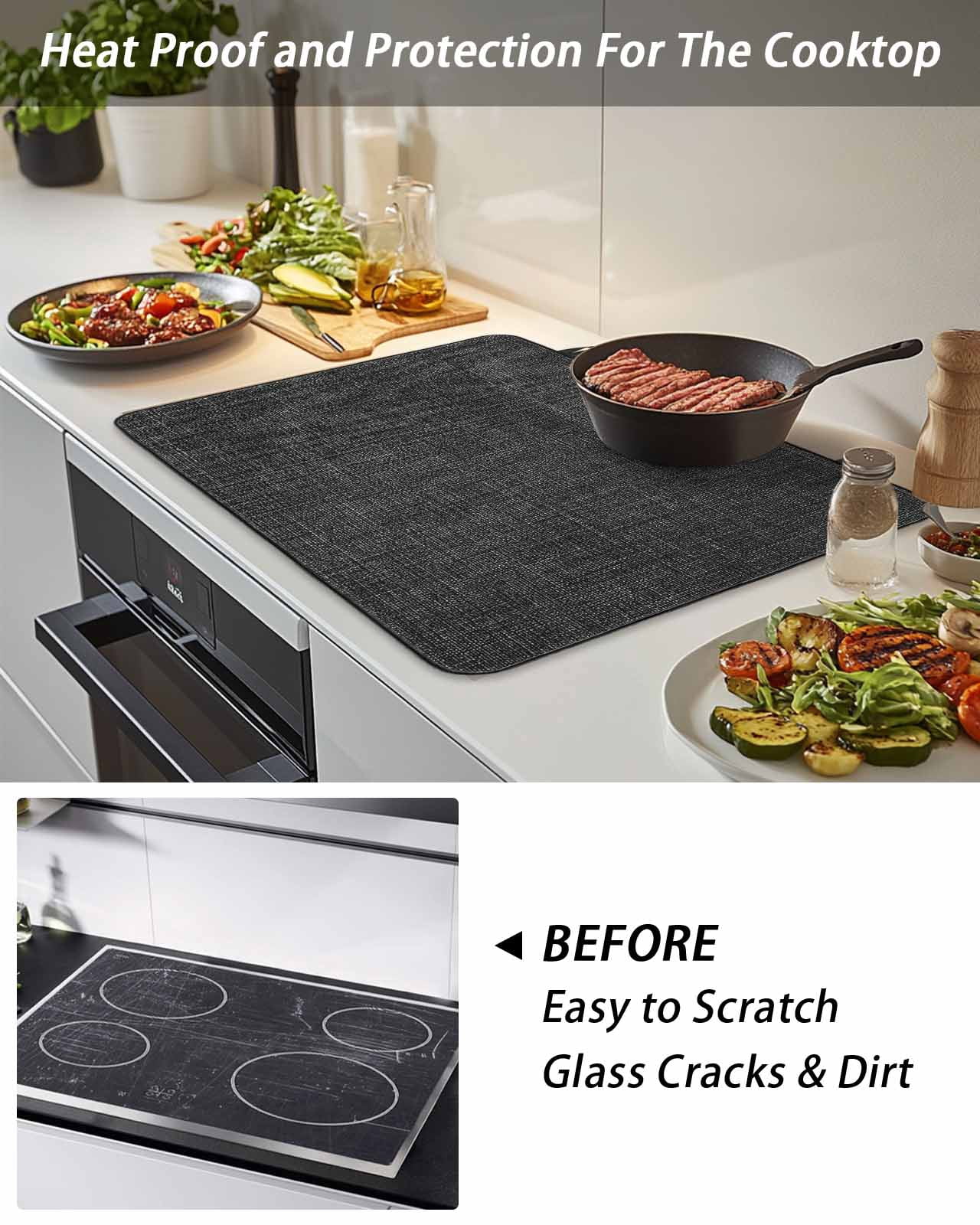 Stove Top Covers for Electric Stove, Black Burlap Texture Glass Stovetop Cover Protector, Farmhouse Vintage Black Induction Cooktop Protector Oven Mat for Kitchen Countertop 28.5"x20.5"