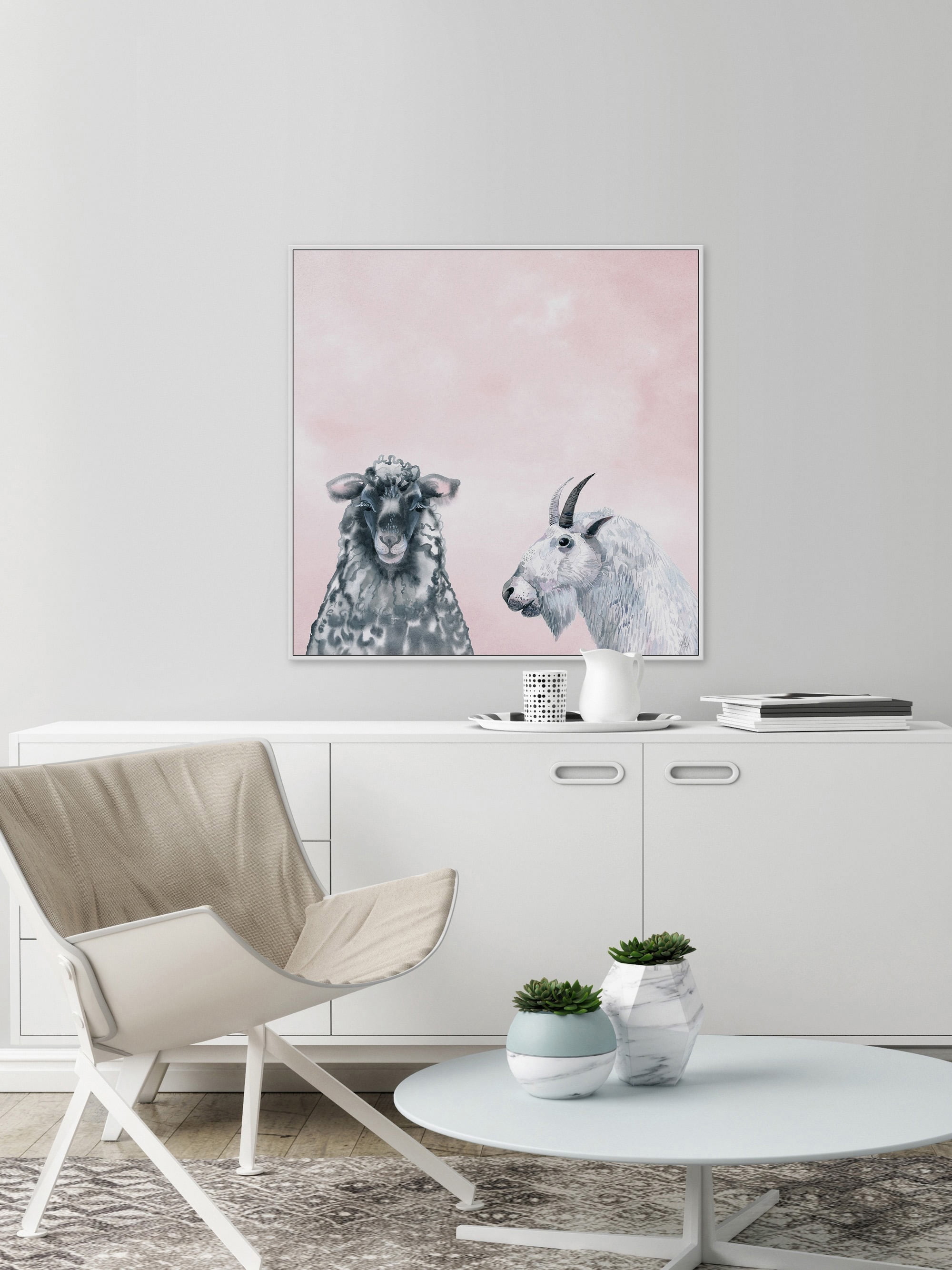 Black and White in Blush Floater Framed Painting Print on Canvas