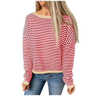 Rlmidhb Red 2025 Sweaters for Women Long Striped Loose Drop Shoulder Long Sleeve Oversized Sweater Knit Chunky Knitted Pullover Sweater