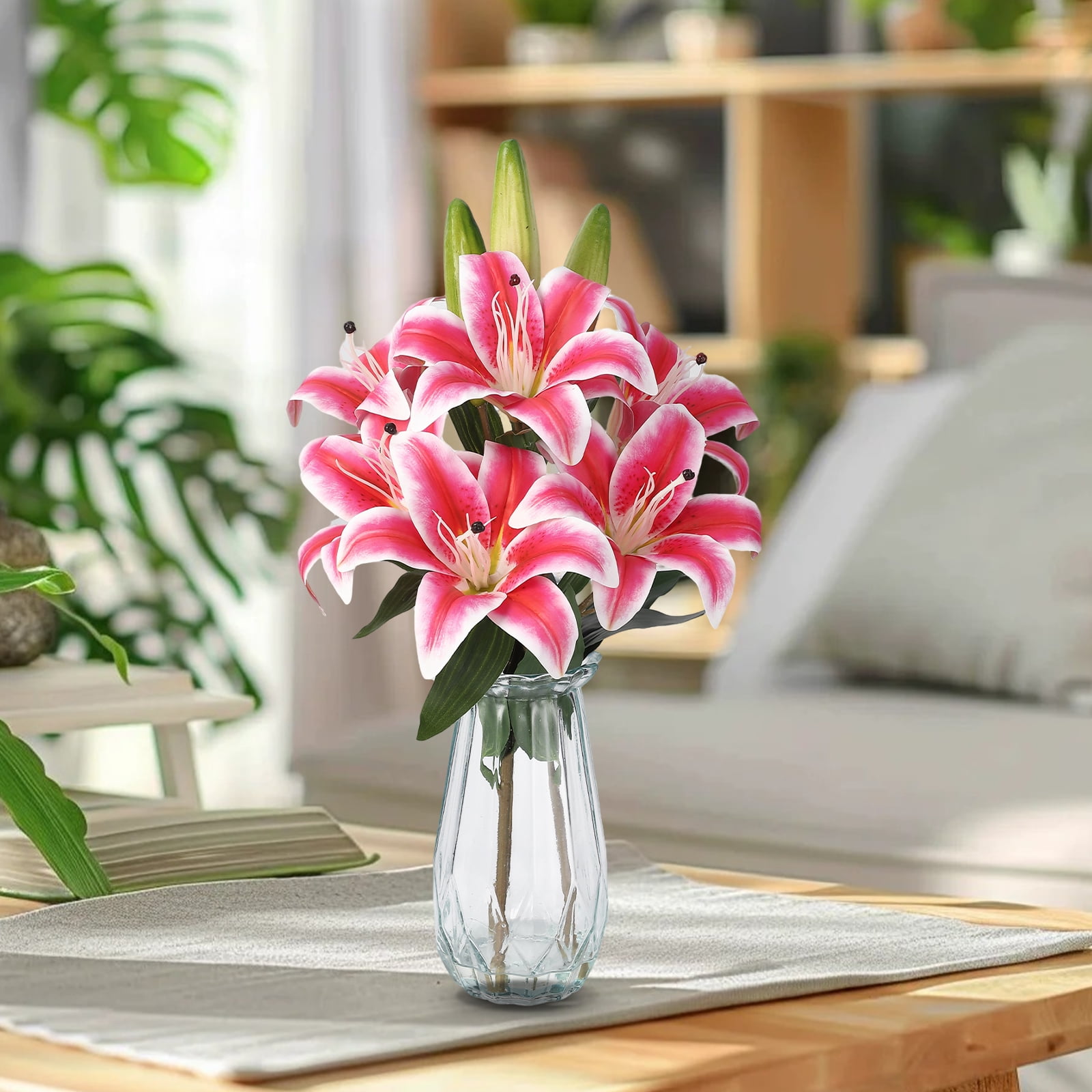 6 Pcs Artificial Tiger Lily Real Touch Easter Lily Fake Spring Flowers with Vase, for Indoor Outdoor Home Decor, Wedding Centerpieces, Cemetery Memorial Flowers