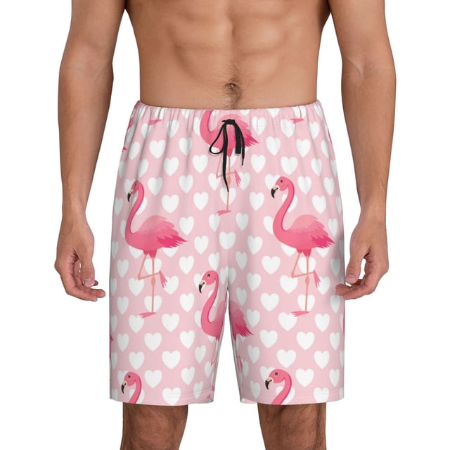 Balery Cute Flamingo with Heart Pantalones cortos de pijama de punto de algodón para hombre con cinturilla y bolsillos-Small