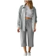 thumbnail image 2 of Soki Ensemble 2 Pcs en Lin pour Femmes Chemise Boutonnée et Pantalon Capri à Cordon Tenues d'Été, 2 of 5