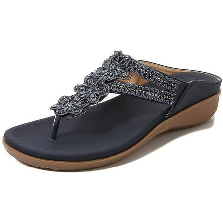 

Womens Wedge Flip Flops Sandals Summer Rhinestone T-Strap Thong Flats Sandal Comfortable Bohemian Platform Shoes