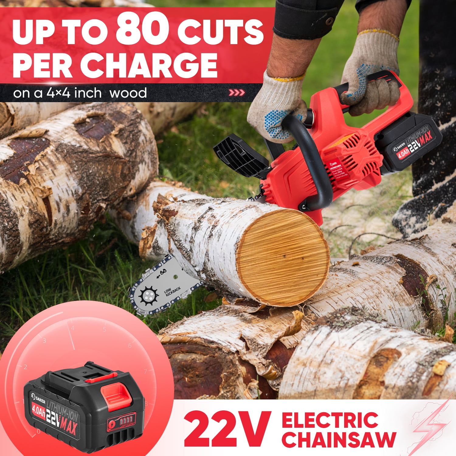 Saker 12" 22V 4.0Ah Battery Powered Chainsaw, Auto-Tension, LED Power Display
