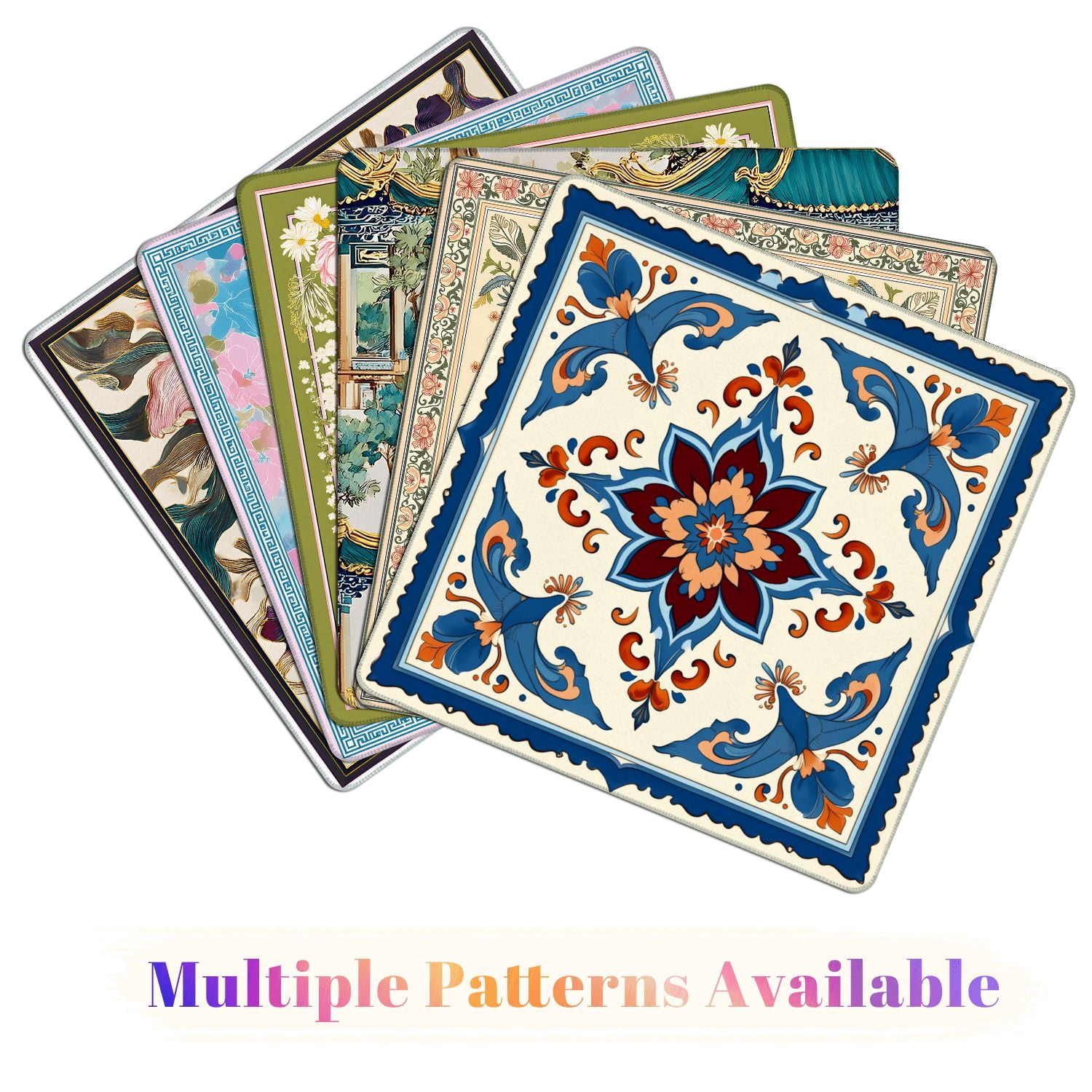 Mahjong Mat 31.5" x 31.5" Ornamental Floral Tile Blue Orange Symmetrical Design Non-Slip Noise Reduction American Mahjong Tiles Table Cover for Dominoes Poker Card Board Games Gift