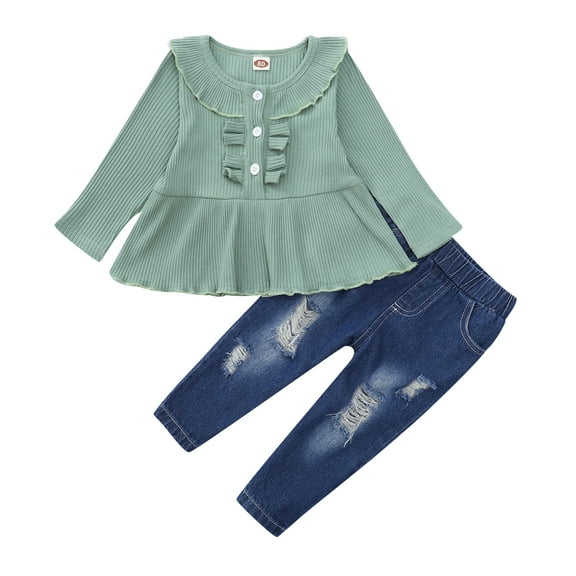 6 Months Baby Girls Clothes 12 Months Girls 2PCS Denim Outfits Set Solid Color Infant Girls Long Sleeve Top Pants Set Green