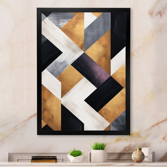 Designart "Geometric Tiles in Black and Gold I" Geometric Framed Wall Art - Modern Gold Abstract Geometric Bedroom Framed Canvas Wall Art