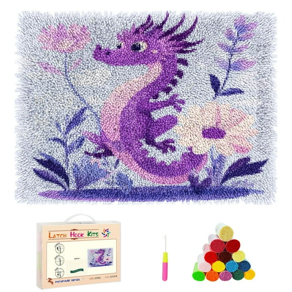 DIY Latch Hook Rug Kits Cartoon Dragon and Flower Stamped Non-slip Mat Crocheting Yarn Hook and Latch Emboridery Tapestry for Home Floor Decor and Pet Warm Cushion 52x38cm(9)