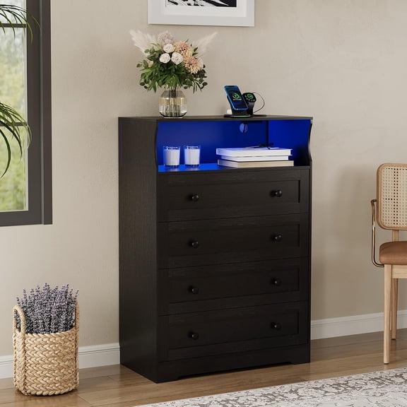 Tall Dresser for Bedroom with LED Lights & Charging Station, 4 Drawer Wood Chest of Drawers for Closet, Living Room, Hallway, Entryway, Modern Nightstand for Bedside, Black Wooden Dressers