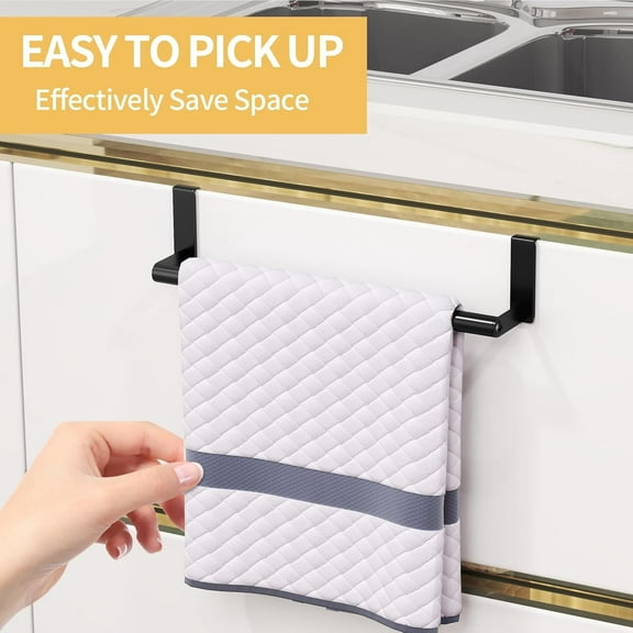 Kitchen Towel Holder Over Cabinet Door Towel Bar Stainless Steel for Cupboard, Over The Door Towel Rack for Kitchen Dish Towel Holder Hanger, 2 Pack (Black)