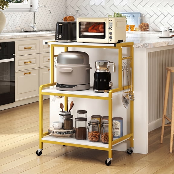 Costway 3-Tier Kitchen Rolling Microwave Cart with Power Outlet, 10 S-Shaped Hooks White & Gold