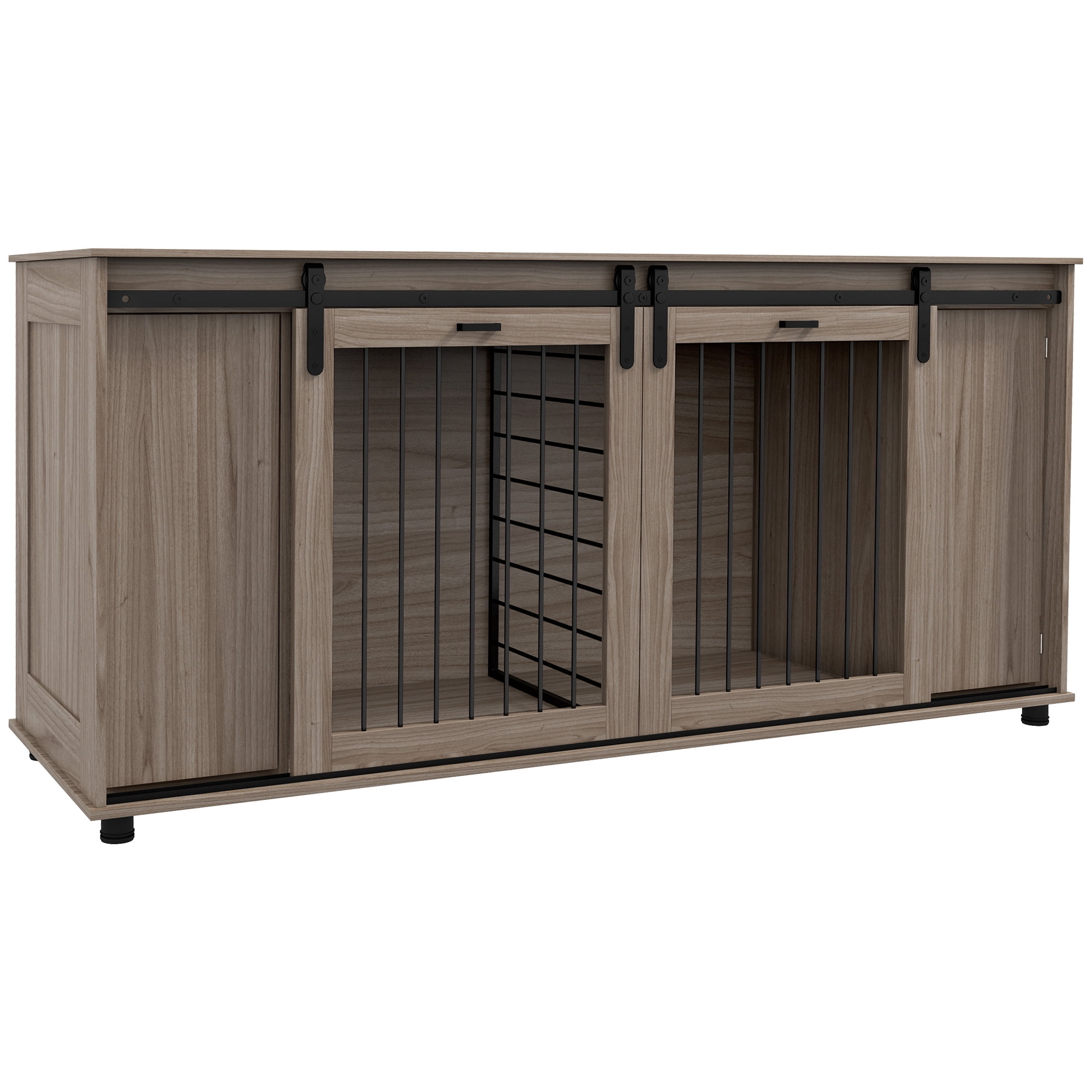 PawHut 71" Dog Crate Furniture with Removable Divider for 2 Small Dogs or 1 Large Dog, Dog Kennel Furniture with Storage, Double Doors