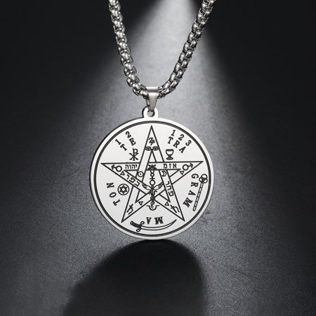 Tetragrammaton Pentacle Necklace Magical Pentagram Protection Amulet Ancient Power Name of God 14K White Gold Jewelry