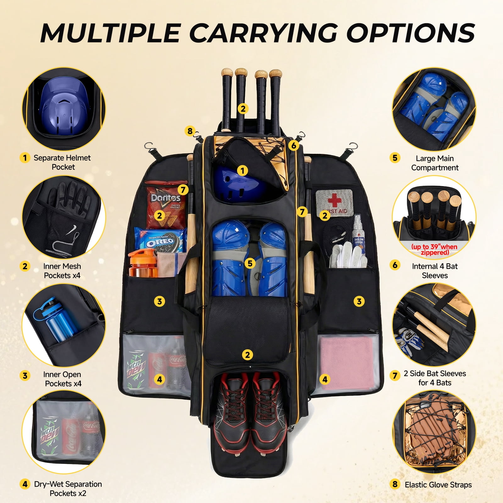 Fegat 100L Rolling Baseball Bag, Newly Catchers Gear Bag for Baseball Softball, Portable Waterproof Equipment Bag Holds 8 Bats, Stand-Up Base, Reflective Strip, Fence Hooks