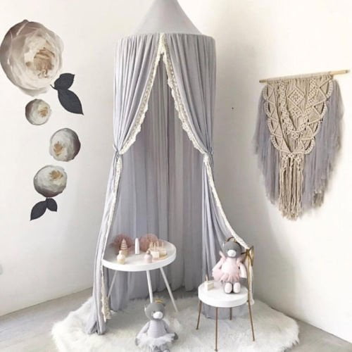 Kids Bed Canopy with Pom Pom Hanging Mosquito Net for Baby Crib Nook Castle Game Tent Nursery Play Room Christmas Decor Grey