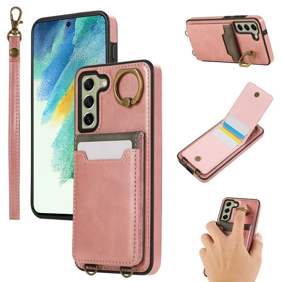 Wallet Back Case for Samsung Galaxy S21 FE with Wrist Strap, Stylish Magnetic Card Holder Finger Ring Kickstand PU Leather Lanyard Shockproof Slim Phone Case for Samsung Galaxy S21 FE, Pink