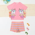 thumbnail image 4 of Girls' 2-Piece Swimsuit Set with Unicorn Rainbow Stripe Design & Ruffle Shorts, Short Sleeve Bathing Suit for 4-8 Year Olds (Pink), 4 of 6