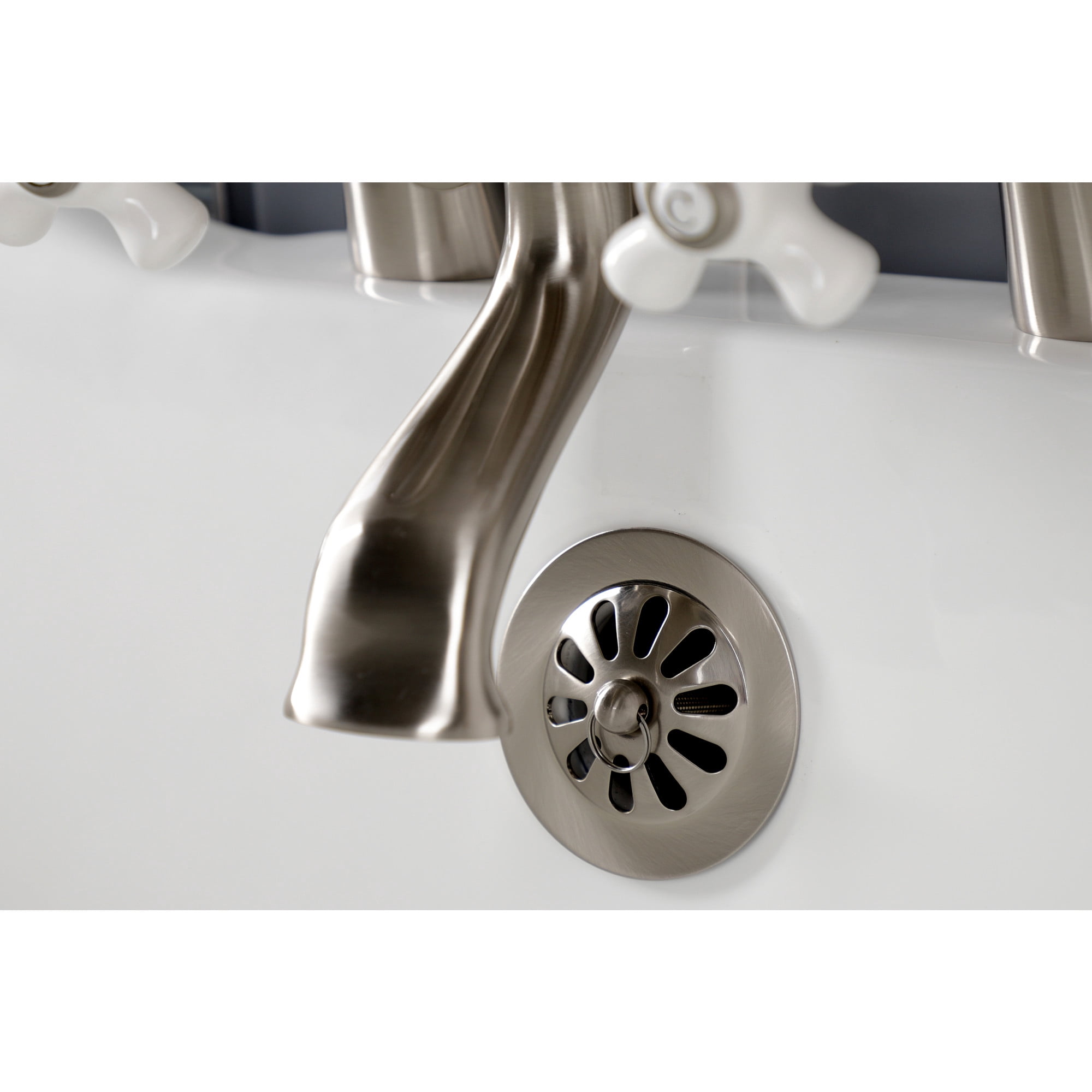 Kingston Brass KS267PXSN Kingston Three-Handle 2-Hole Deck-Mount Clawfoot Tub Faucet with Hand Shower in Brushed Nickel