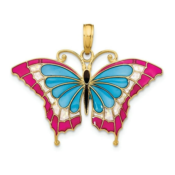 Core Gold 14K Blue & Pink Enameled Butterfly Pendant K4230 (1.39