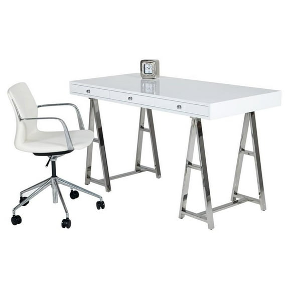 Modrest Ostrow 3-Drawer Rectangular Stainless Steel Writing Desk in White