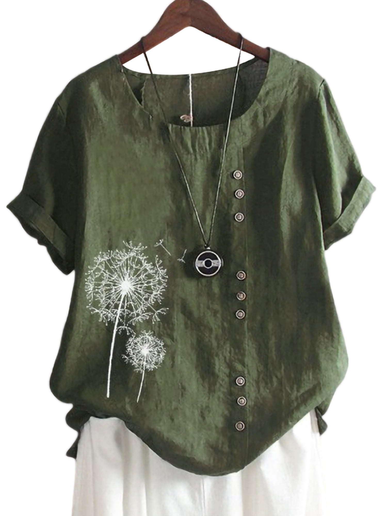 Cotton Linen Tops for Women Loose Fit Short Sleeve T Shirts Floral Casual Button Tops Blouse