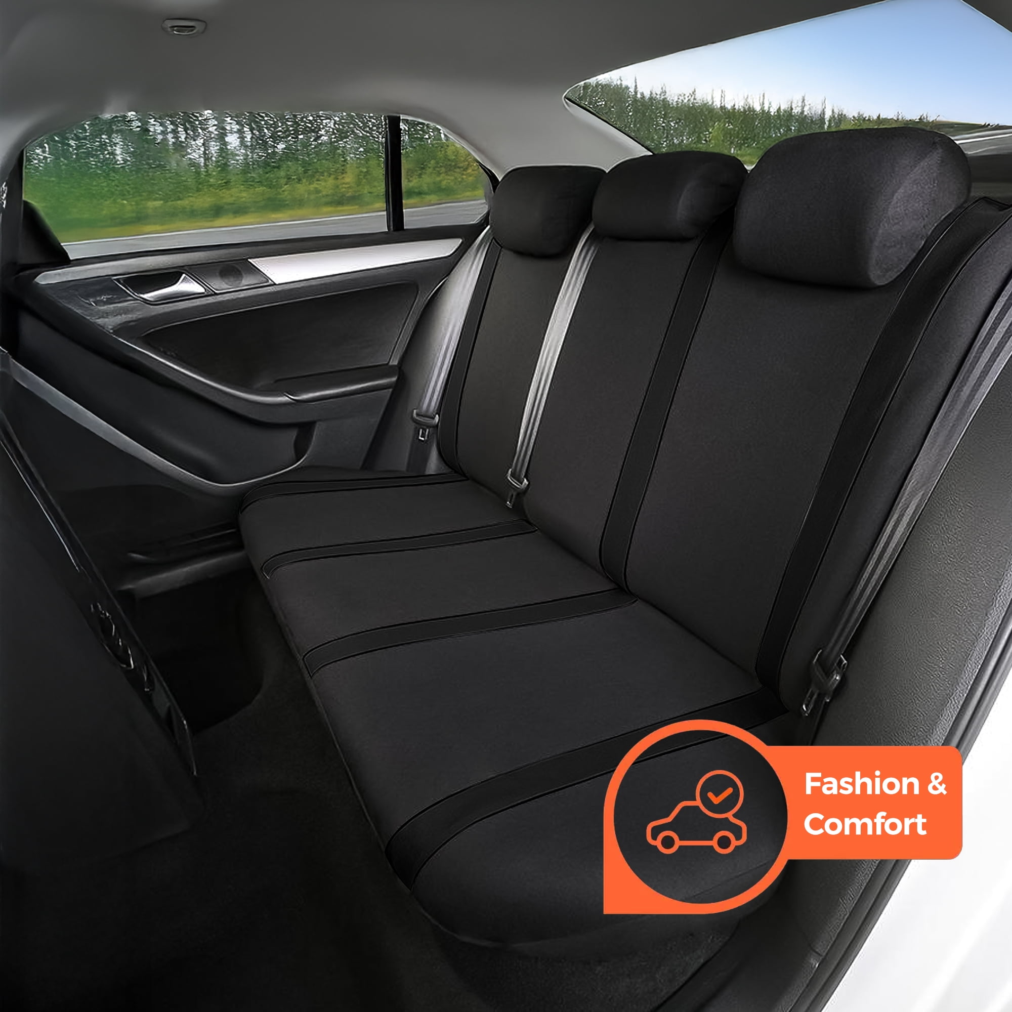 FLORAY Car Seat Covers for Compact Sedans, Polyester 9PCS Full Set, Front and Solid Rear Bench, Airbag Compatible, Black