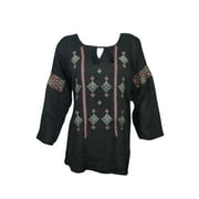 Mogul Womens Ethnic Embroidered Top Blouse Black Long Sleeves Summer Comfy Indian Tunic