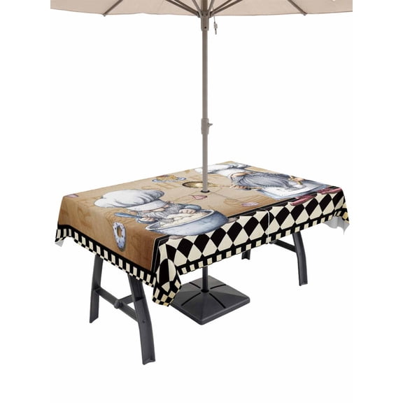 Outdoor Tablecloth with Umbrella Hole and Zipper, Vintage Gnomes Rectangle Table Cloth 60x84 Inch Waterproof Tablecloth, Black White Checkered Retro Art Picnic Table Cover for Patio Camping