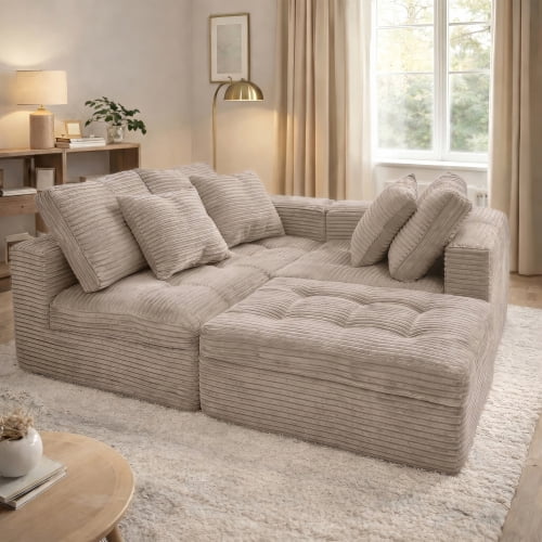 105" Modular Cloud Sofa Set with Ottoman, DIY Sectional, Pure Foam, Faux Rabbit Fur Velvet Couch, Khaki