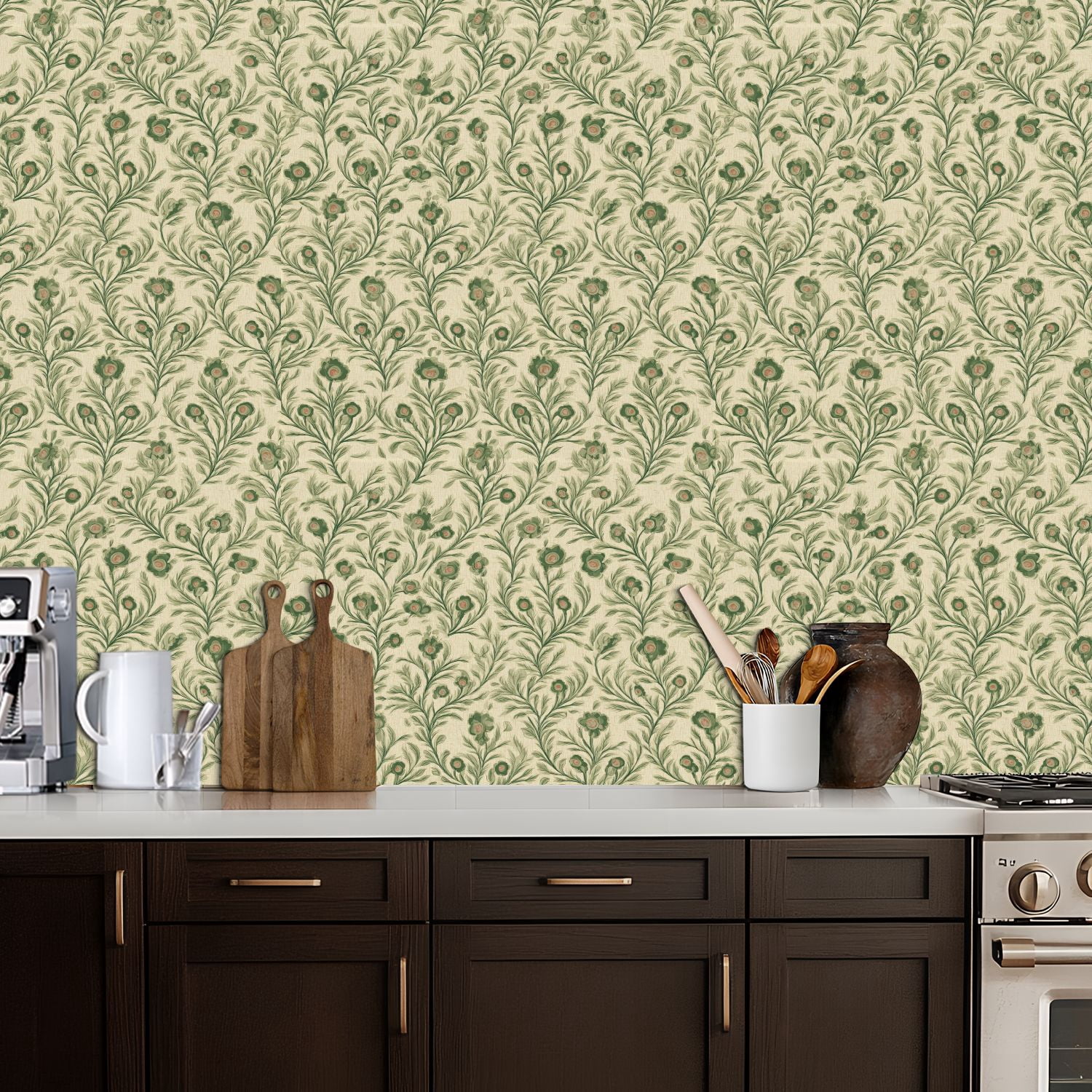 Sage Green Peel and Stick Wallpaper Vintage Floral Green Pink Flowers Beige Wall Mural 17.7in x 9.8ft Self Adhesive Removable Wall Paper Renter Friendly Wallpaper for Girls Bedroom