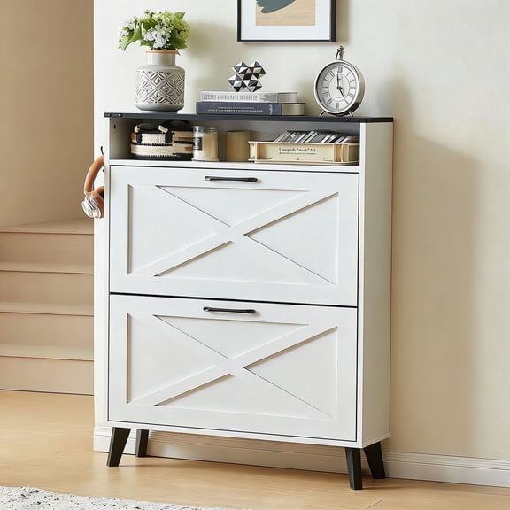 Buildhom Shoe Storage Cabinet with 2 Flip Drawers, Narrow Farmhouse Shoe Organizer with Open Shelf for Entryway, Hallway, White