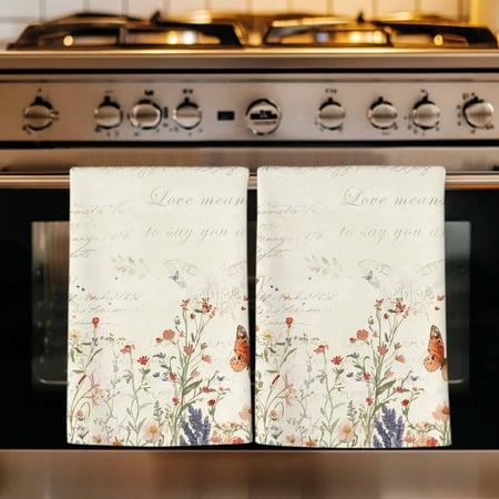 Retro Spring Floral Kitchen Towels Set of 1 Botanical Colorful Summer Butterfly Absorbent Dish Towels for Kitchen Microfiber Hand Towel Quick Drying Tea Towel for Cleaning Decorative Dishcloths