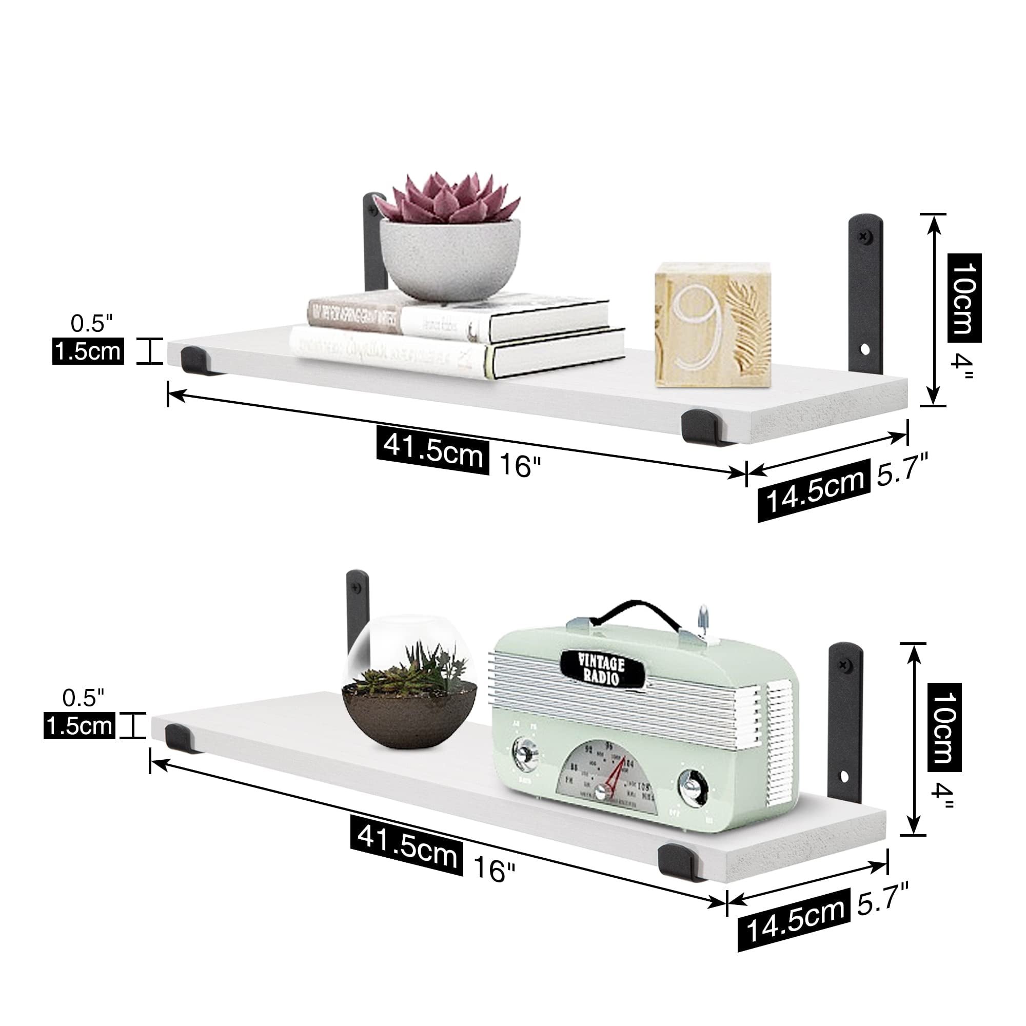 Afuly White Floating Shelves for Wall Hanging Shelves over Toilet Set of 2, 16in Wooden Decorative Shelves Wall Mounted with Black Brackets for Bathroom Bedroom Living Room